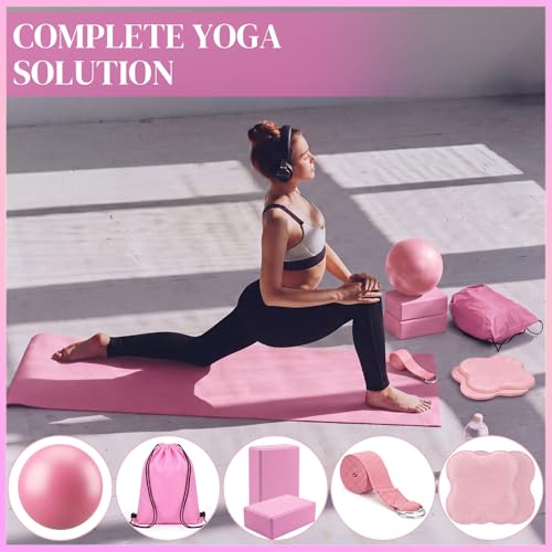 9-Piece Yoga Set with Blocks, Knee Pads, Socks & Bag - Pink