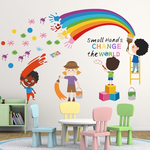 Small Hands Change The World Wall Stickers Inspirational Quote Rainbow Wall Decals for Kids Room Playroom Classroom School Library Wall Decor