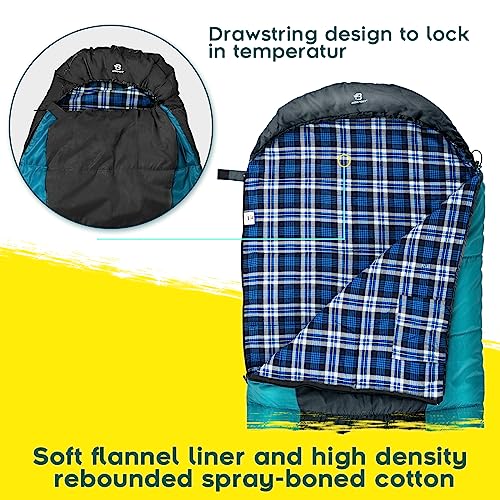 Bessport Flannel-Lined Winter Sleeping Bag - Grey & Blue -5℃, 3-4 Season Lightweight Waterproof Camping Gear