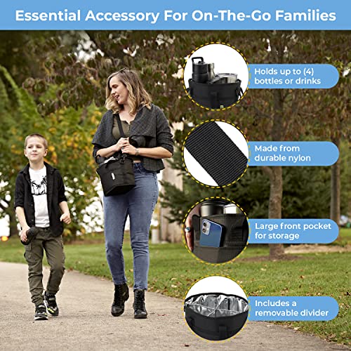 NoNa & Bee 4-Water Bottle Holder with Strap (Black) – 4 Compartment Insulated Carrier