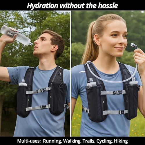 Build & Fitness Black Hydration Vest with 1.5L Bladder & 2 Soft Flasks for Running & Hiking