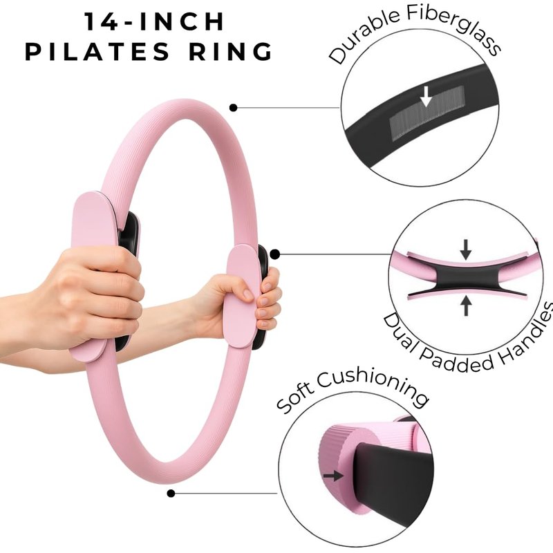 MOAV Premium Pilates Essentials Kit - 14" Ring with Cushioned Handles, Mini Ball with Pump, & 3 Durable Fabric Resistance Bands for Full Body Home Workouts (Rosè)