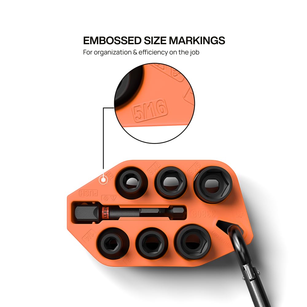 Klein Tools 33808 Grab-And-Go Impact Socket Set, SAE, 7-Piece Set with Sleeve, Carabiner, and 3/8-Inch Drive, Color-Coded 1/4, 5/16, 3/8, 7/16, 1/2, and 9/16-Inch Sockets