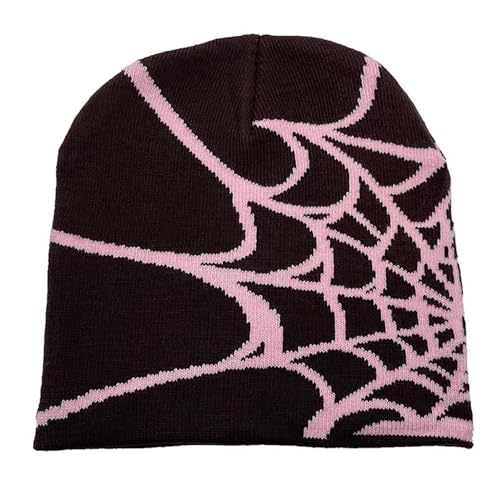 Spider Web Pattern Beanie - Black & Pink Acrylic Knit Hat