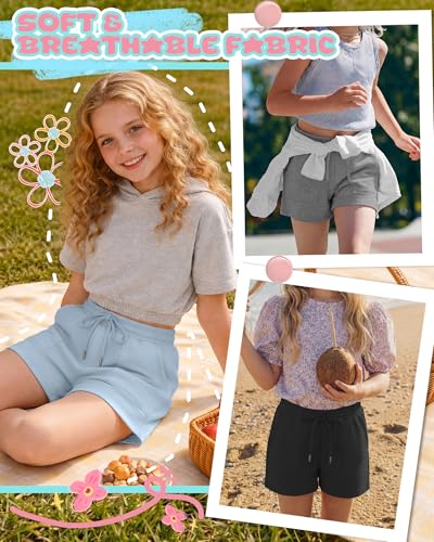 Girls Athletic Sweat Shorts - 3 Pack, Light Blue + Gray + Black, 13-14 Years