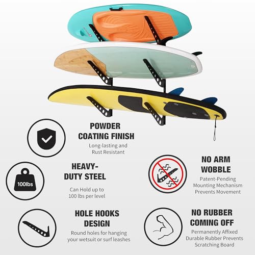 Black 3-Layer Wall Mount Surfboard Rack for Boards Storage, Indoor & Outdoor