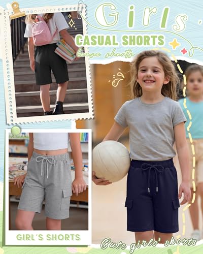 JoyMotion Girls' Cargo Bermuda Shorts 3-Pack for Ages 13-14 - Navy Blue, Gray, Black