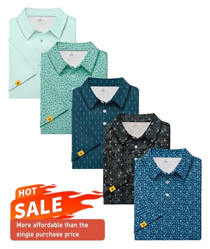 ZITY Men's Golf Polo Shirt Short Sleeve UPF 50+ Patterned Casual Shirt - Green/Blue, Large