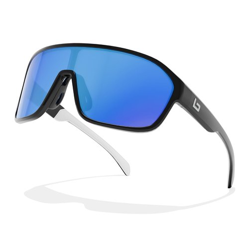 B.N.U.S Cycling Sunglasses Wrap-Around Design for mens and women (Polished Black/Sapphire Polarized, Plastic Lenses)