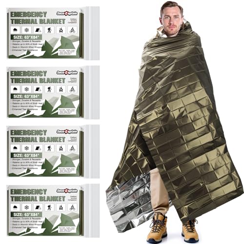 Amy Green SecuCaptain Emergency Thermal Blankets 4 Pack - Extra Large Mylar Survival Kits, Waterproof & Tear-Resistant for Camping, Car, First Aid