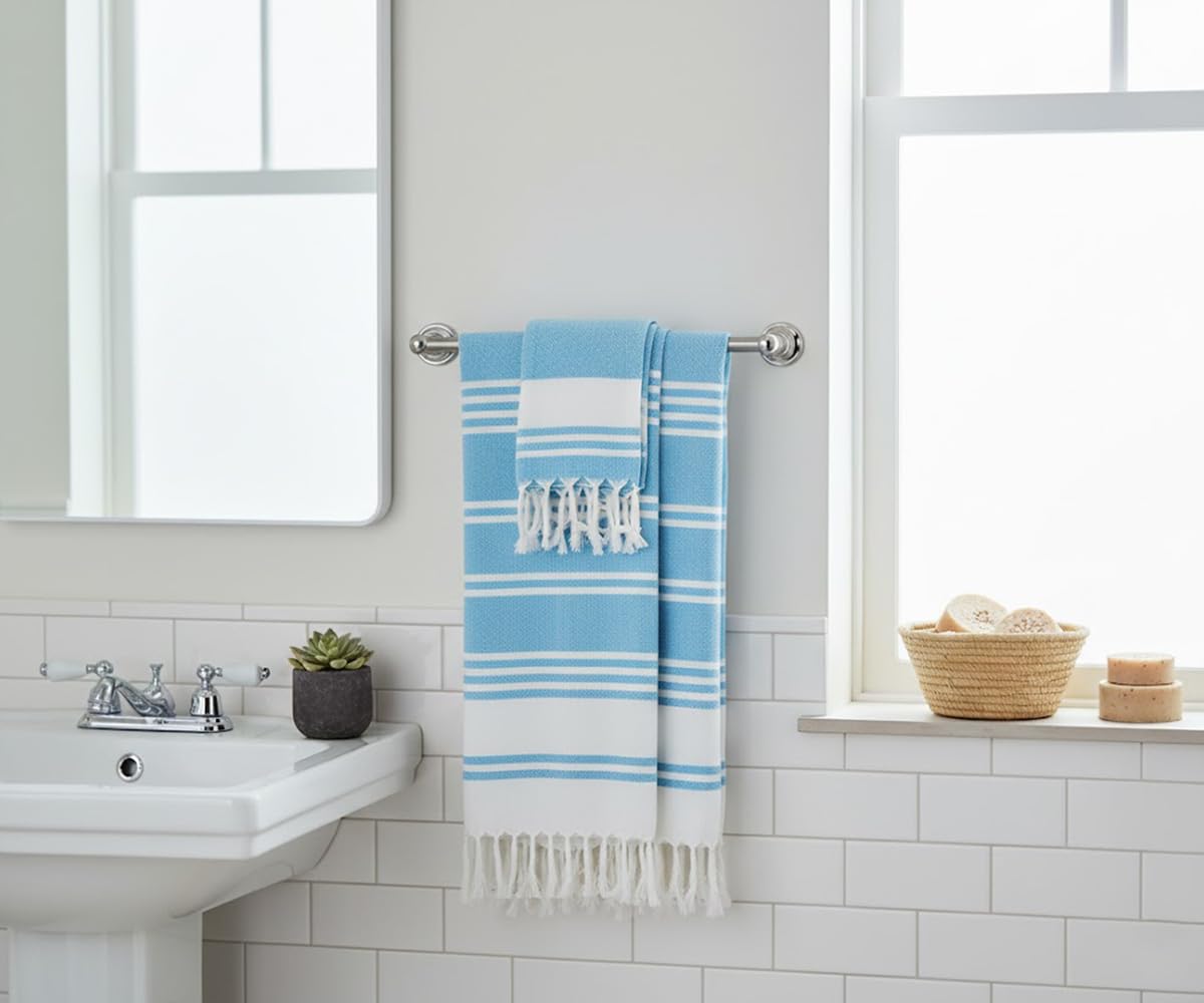 Aqua Beach Towels, 100% Cotton, Set of 2, Turkish Hammam Bath Towel, 36 x 71 Inches, Quick Drying Towels for Travel, Swimming Pool Towels, Striped Oversized Peshtemal Turkish Towel