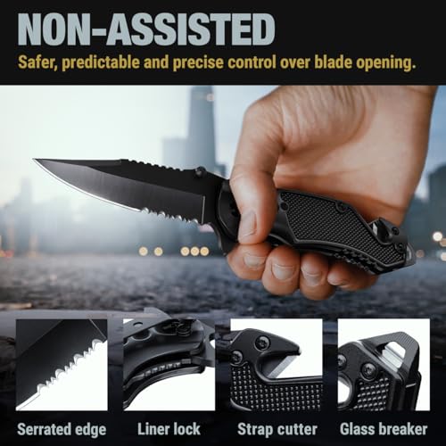 Compact Serrated Pocket Knife with Glass Breaker & Seat Belt Cutter