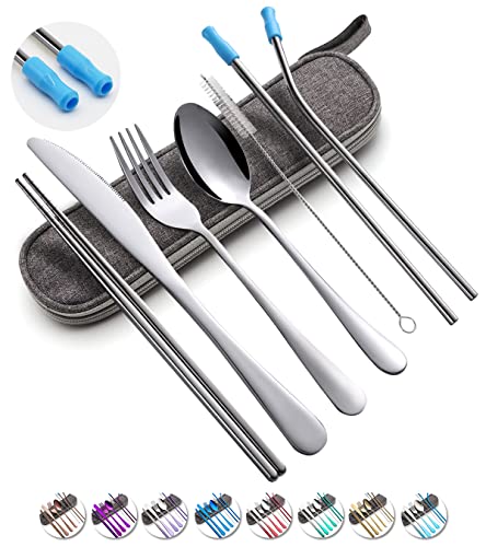 Portable Stainless Steel Travel Utensils Set - 8 Pieces, Silver