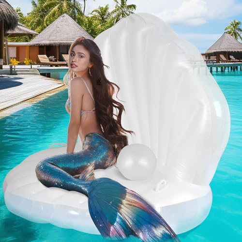 Pearl White X-Large Thickened Giant Seashell Pool Float with Pearl Ball