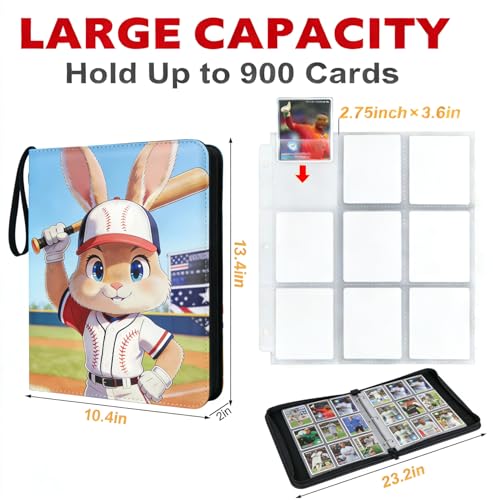 9-Pocket Card Binder - Baseball Rabbit Design with 900 Pockets