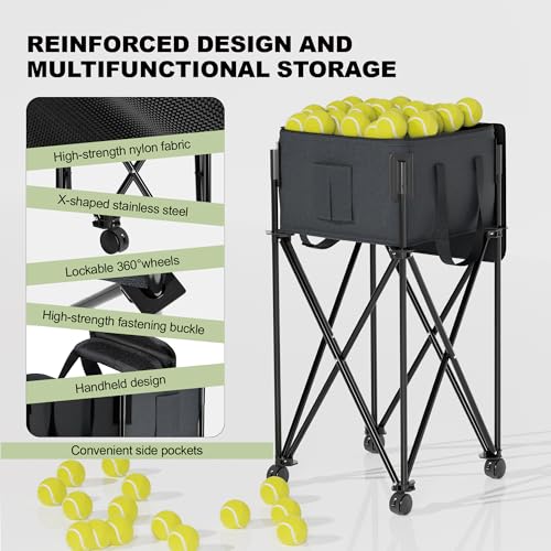 Lnmuzm Black Tennis Ball Hopper with Removable Bag & Wheels, Portable Tennis & Pickleball Basket for Training