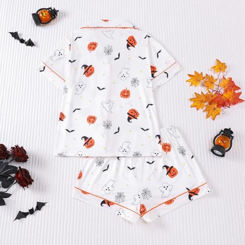 Halloween Pajamas Set for Women - Ghost & Pumpkin Print - White, Medium
