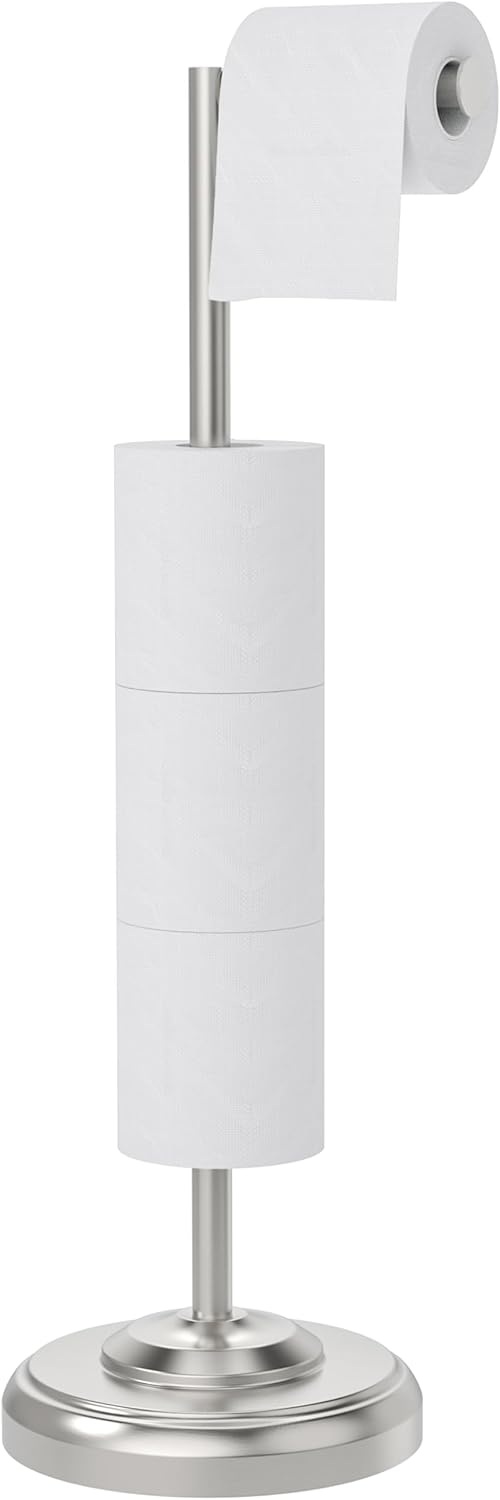 Brushed Nickel Free Standing Toilet Paper Holder with Pivoting Design & Weighted Base