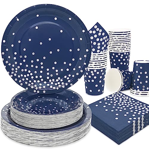 Navy Blue and Silver Party Plates Set 200pcs - Disposable Dinnerware for 50 Guests