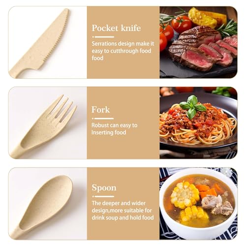 Travel Utensil Set - 4 Pack Beige Cutlery with Case (21x6x2.5cm)