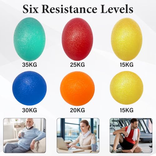 Hand Strengthening Stress Balls Set - 6 Resistance Levels, 1.7" - Red, Blue, Green, Orange, Yellow