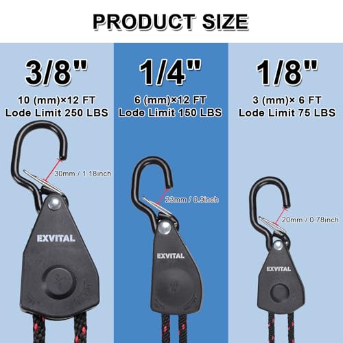 EXVITAL 4pcs 1/4"×12' Kayak Rope Tie Down Ratchet Straps - Black, Heavy Duty