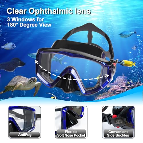 EXP VISION 2-Pack Black & Blue Panoramic 3 Window Snorkel Masks with Dry Top Snorkels for Diving & Swimming