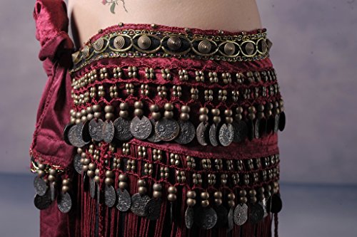 Plus-Size Dark Red Women's Belly Dance Tribal Hip Scarf with Fringe Coins 35.5in