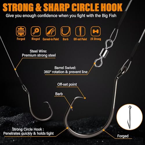 Dovesun D-6/0 Circle Hooks Kit - 20PCS Pre-Rigged Saltwater & Freshwater Fishing Hooks