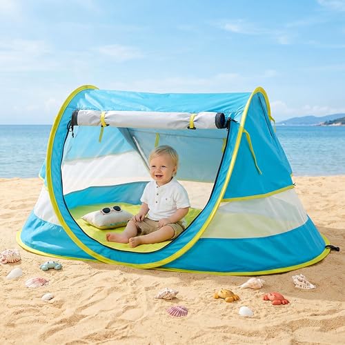 Large Deluxe Blue Baby Beach Tent with UPF 50+ Sun Shelter & Mosquito Net - Portable Pop Up Kids Travel Tent with Carry Bag & Stakes