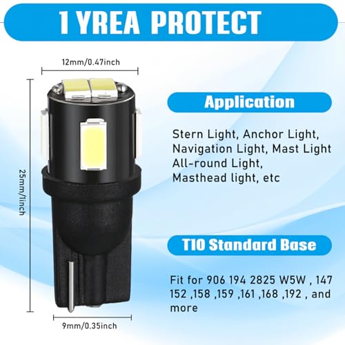 T10 Wedge 12V LED Marine Navigation Light Bulbs - 4 Piece Set