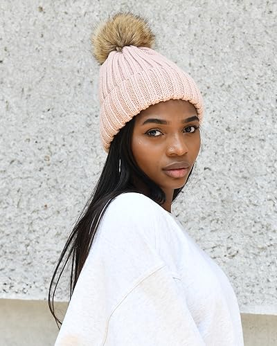 FURTALK Women's Pink Winter Knitted Beanie Hat with Faux Fur Pom - Warm Skull Cap