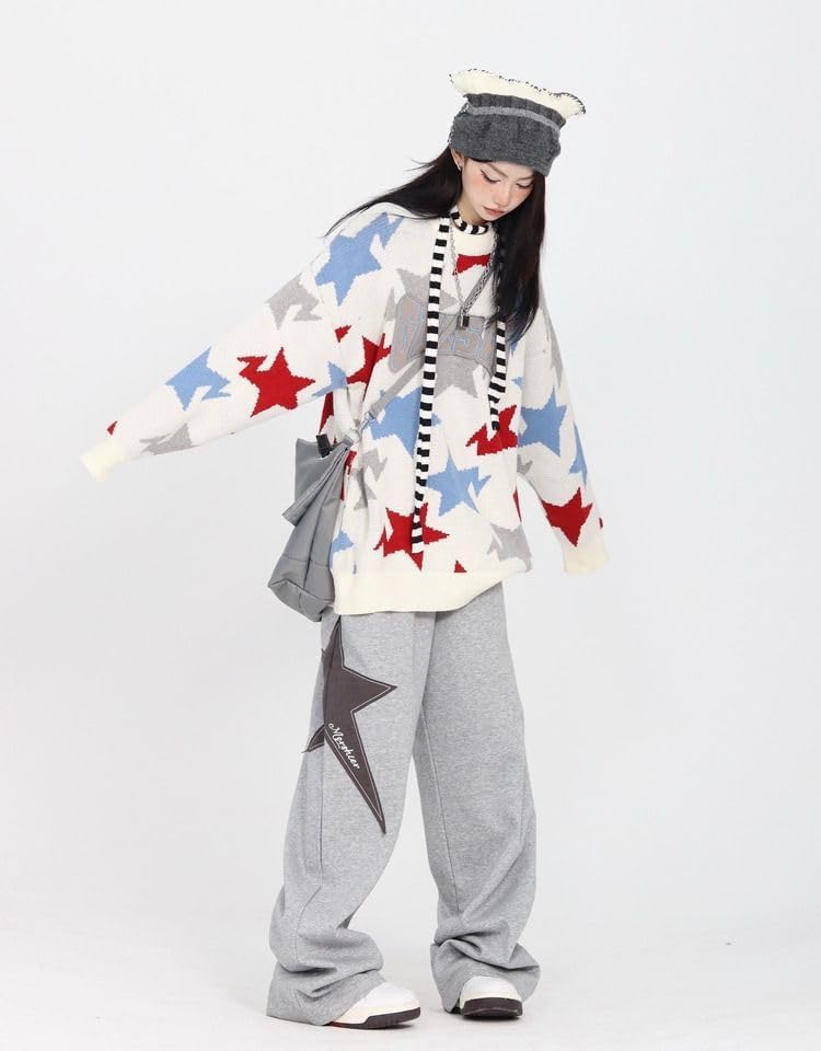 Pooyikoi Grey Large Women's Y2K Star Print Wide Leg Joggers - Harajuku Streetwear