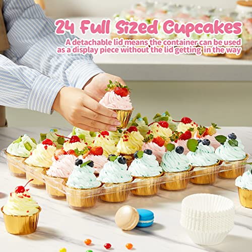 Gencywe Stackable Cupcake Carrier Set with 240 Liners - Food Grade Plastic, Tall Dome Lid, 24 Cupcakes