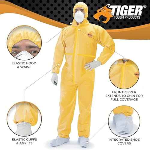 Tiger Tough Chemical Protection Coveralls, Yellow Disposable Hazmat Suit for Men & Women with Hood & Zipper
