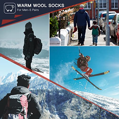 Heatuff Mens Warm Wool Socks 5 Pairs Multicolor Thermal Crew Pattern Socks Winter