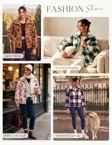 Grace Karin Women's Green Plaid Sherpa Fleece Jacket with Pockets Medium