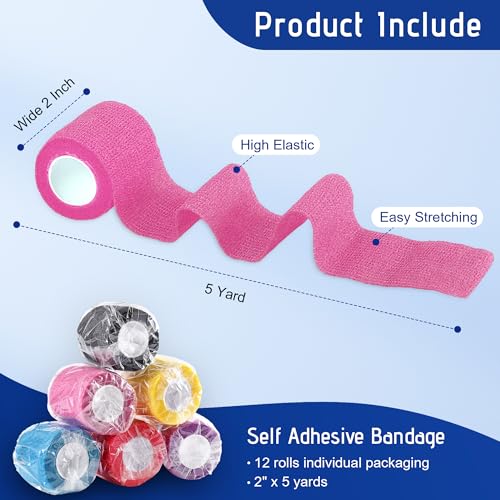 Self-Adhesive Bandage Wrap - 12 Pack, 2 Inch x 5 Yards, Colorful