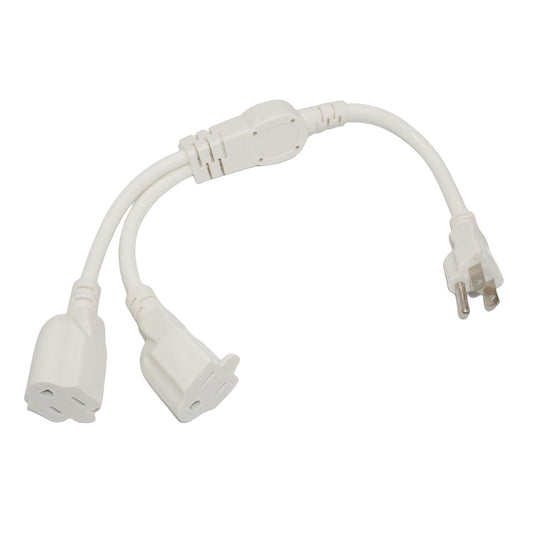 2 Way Power Splitter, 3 Prong 1 to 2 Extension Cord Splitter, 1.4' Short Extension Cord Indoor Cable Strip Outlet Saver, SJT 16AWG for Halloween Lights, Christmas Decorations, Computer, White, 1.4FT