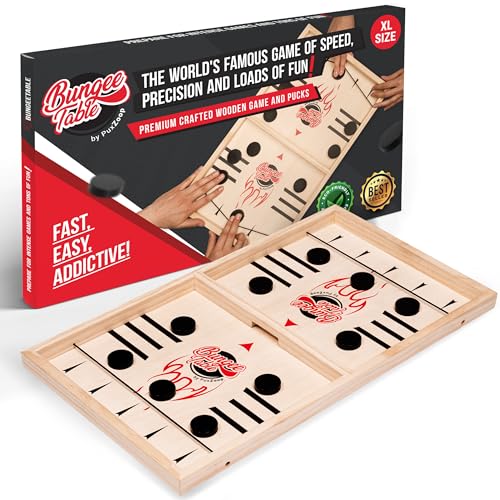 PuxZoop Extra Large Bungee Table Puck Sling Game - 2-Player Wood Deck Tabletop