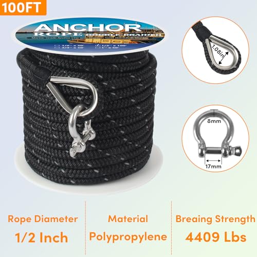 ORLANG 1/2 Inch x 100 Ft Double Braided Marine Anchor Rope with Reflective Strip, Stainless Steel Thimble & Shackle for Boating & Mooring, Black