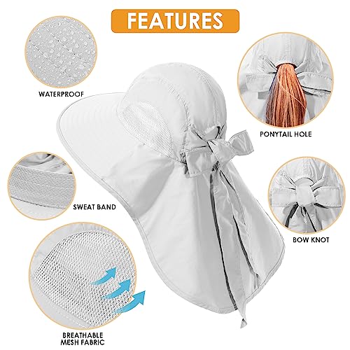 Wide Brim UV Protection Sun Hat - Foldable Waterproof Bucket Hat with Neck Flap - One Size, Light Grey