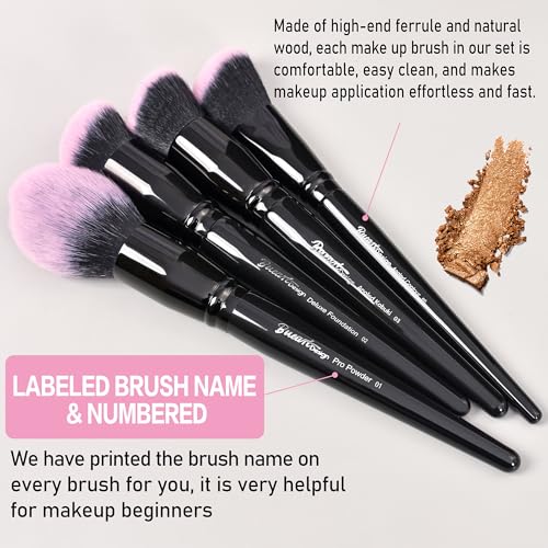 Bueart Design 18Pcs Pro Deluxe Makeup Brush Set with Fuchsia & Black Brush Holder