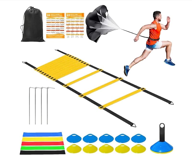 Speed Agility Training Equipment Set - 20ft Ladder, Parachute, Bands & Cones - Warm Yellow