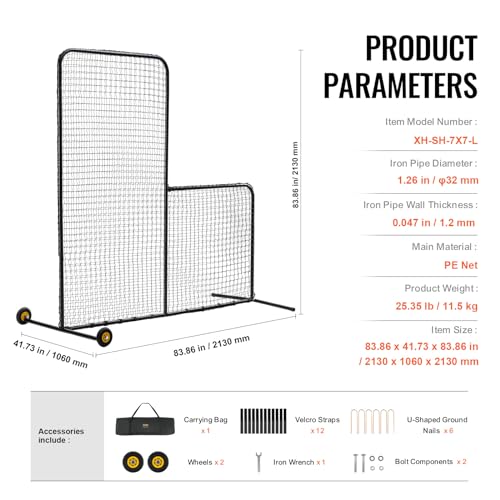 Baseball & Softball Batting Screen - 7x7 ft L-Shape with Wheels