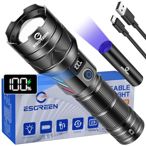 Esgreen Rechargeable High Lumen Flashlight with UV 365nm Light, Long Range, USB-C Charging