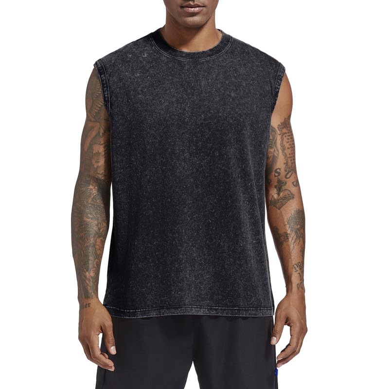 Mens Cotton Workout Tank Top - Sleeveless Muscle Shirt - Large - Black
