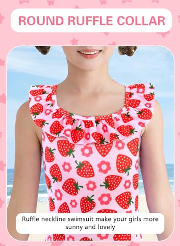 XiaoMoSha Girls Swimsuits 5-6 Years Ruffled Round Neck One-Piece Bathing Suit UPF 50+ Summer Hawaii Swimwear - Cutestrawberry