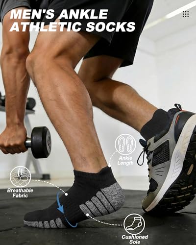 Men's Ankle Athletic Running Socks - Cushioned, 6 Pairs, Z-Black (Size 8-12)