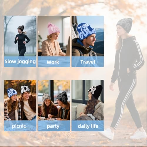 Y2K Beanie for Women & Men - Unique Pattern Design, One Size Black Grey